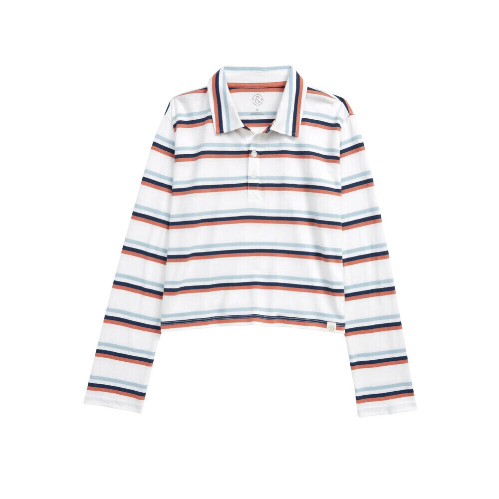 Treasure & Bond Kids Crop Shirt White Multi Stripe Button Half-Placket Size M